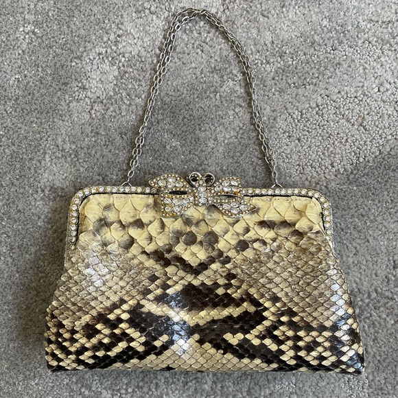 Clara Kasavina Handbags - Clara Kasavina Cream Python Crystal Encrusted Bow Closure Evening Bag/Clutch